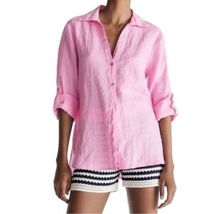 Zara linen button down shirt long sleeve bubblegum pink top gold buttons collar